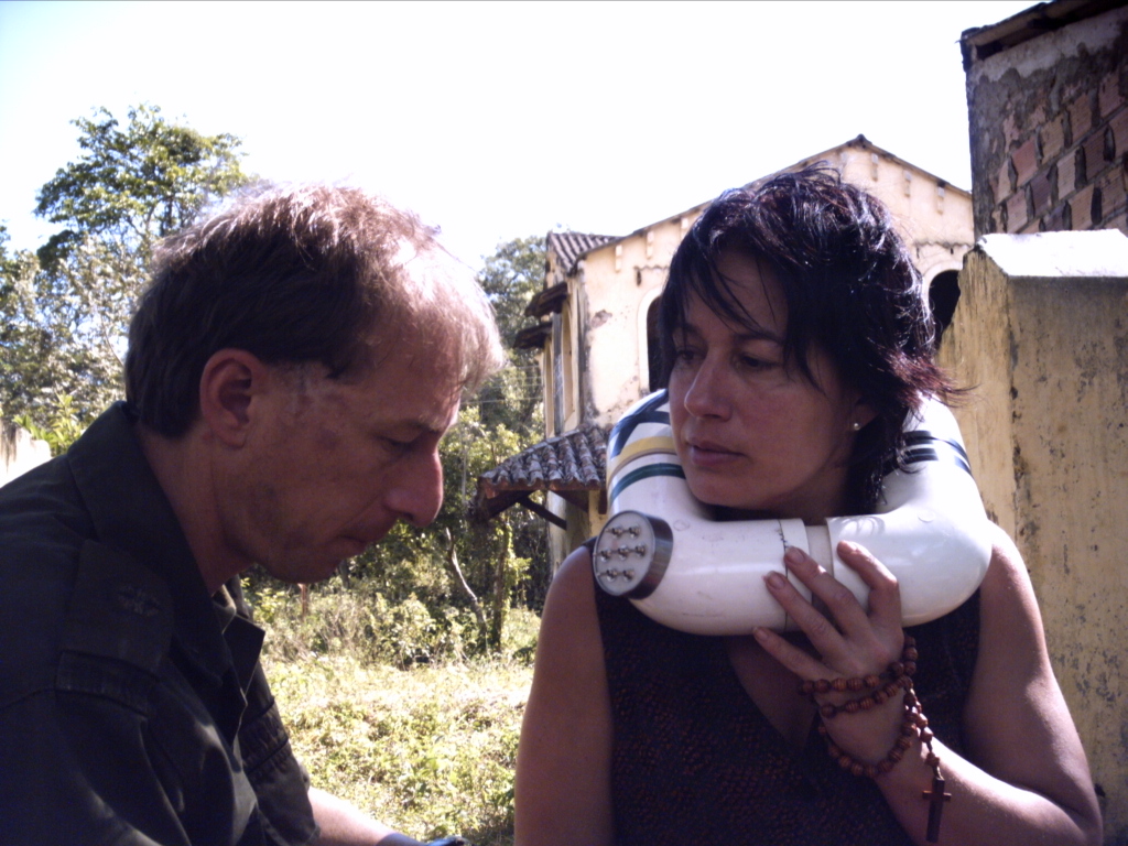 DIRECTOR SPIROS STATHOULOPOULOS REHEARSES THE COLLAR DIALOGUE WITH THE LEAD ACTRESS ON LOCATION.