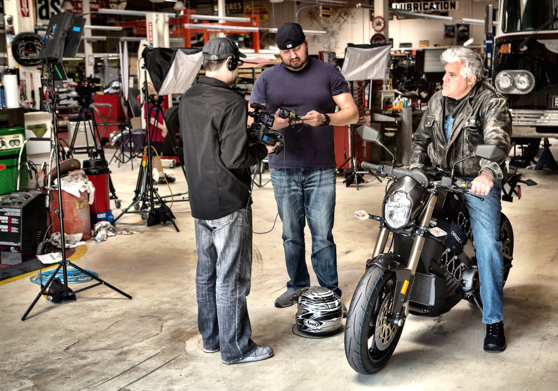 JAY LENO'S GARAGE — SHOOTING JAY ON THE BRAMMO AT BIG DOG GARAGE