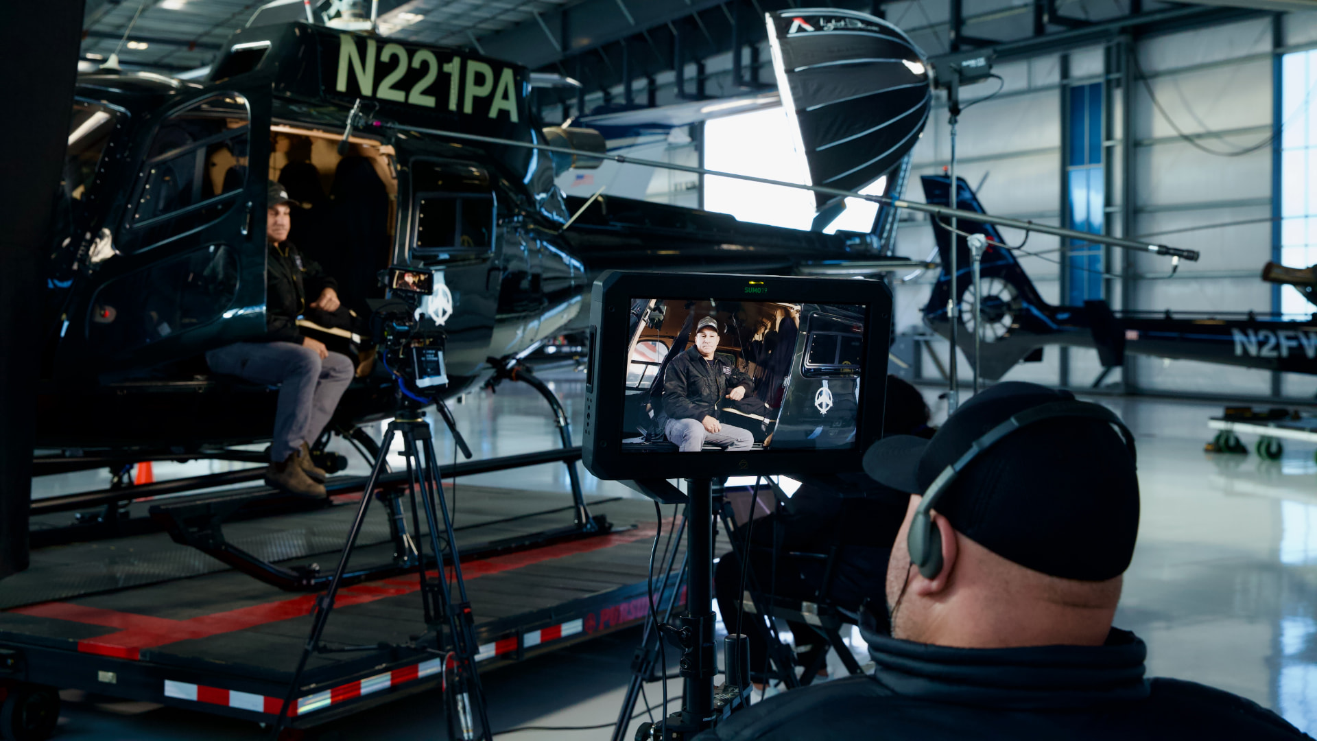 ATOMOS BRANDED CONTENT — HELICOPTER HANGAR INTERVIEW SETUP