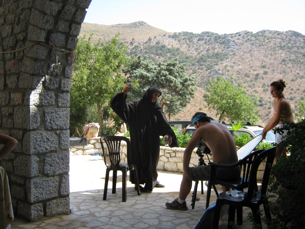ON SET IN GREECE — SHOOTING THE MONK IN THE COURTYARD
