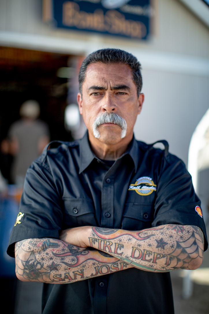 PORTRAIT — RANDY PEREZ OUTSIDE RANDY'S BOMB SHOP